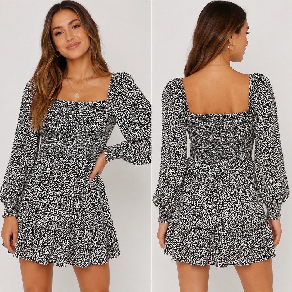 1.STATE Womens Black White Animal Print Smocked Mini Dress Long Sleeve Size S